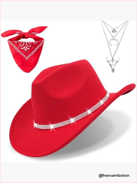 Wide Brim Felt Cowboy Hat with Rhinestones, Bandana & Necklace Set main image 5
